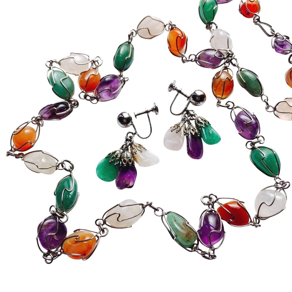 VTG Mid Century Gemstone Necklace Earring Set Screwback Multicolor Wire Wrapped